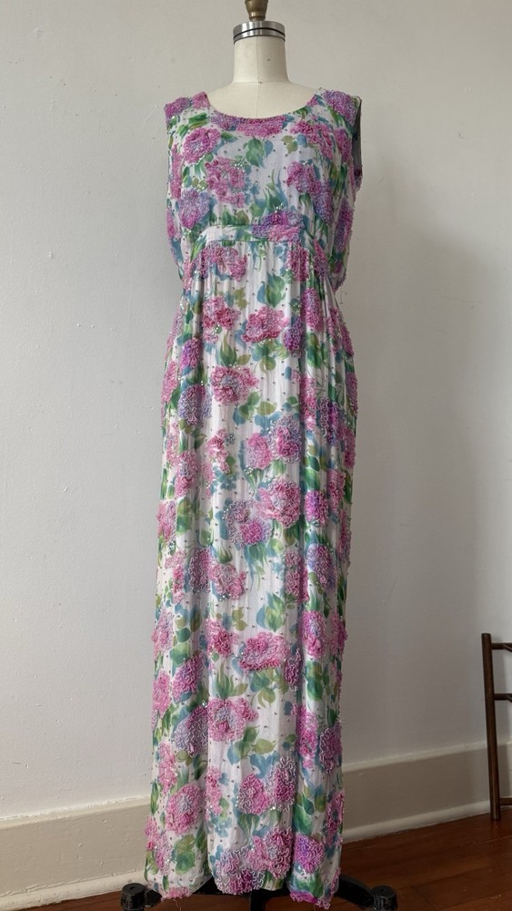 Vintage 1950s 60s Rare Designer Sara Fredericks Hand Beaded Chiffon Evening Gown