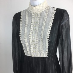 Vtg Saks Fifth Avenue Dress Black Pinstripe High Neck Bib Front LS Maxi XS-S