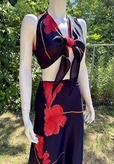 Vintage 1970s WRAP CROP TOP & SKIRT Set Outfit Black Red Disco Resort Bohemian