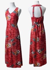 Vintage 90’s Croft & Barrow Red Hawaiian Long Dress Cage Back Button Down Sz 8