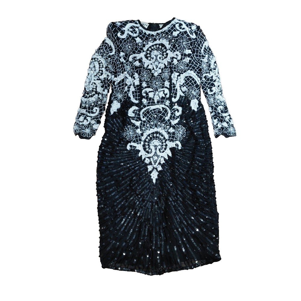 Swee Lo Women’s Art Deco Evening Dress Size Medium 4/6 Black White Sequin READ