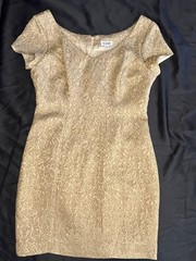 Vintage Juliana Gold Metallic Damask Sheath Dress 6 Brocade Cocktail Old Money
