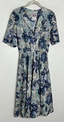 Vintage California Looks Blue Floral Paisley Secretary Dress Elastic Waist 8P