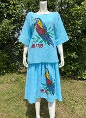 Vintage GAUZE GAUCHO SET Mexico Mexican Parrots Blouse Top Set Shorts 1980s
