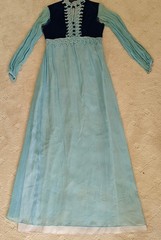 Vintage Navy Blue Velvet Bodice Lace Trim Maxi Dress w Chiffon Sleeves Skirt As