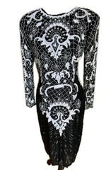 Vtg Swee Lo Art Deco Evening Dress XL Measures Med Black White Sequin Beaded