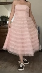 1950’s Vintage Pink Lace Ruffle Strapless Prom Party Dress with Bolero Jacket
