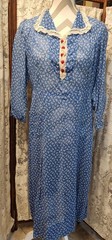 Vintage 1930s Thin Blue Cotton Dress with Crochet Lace Red Buttons M/L