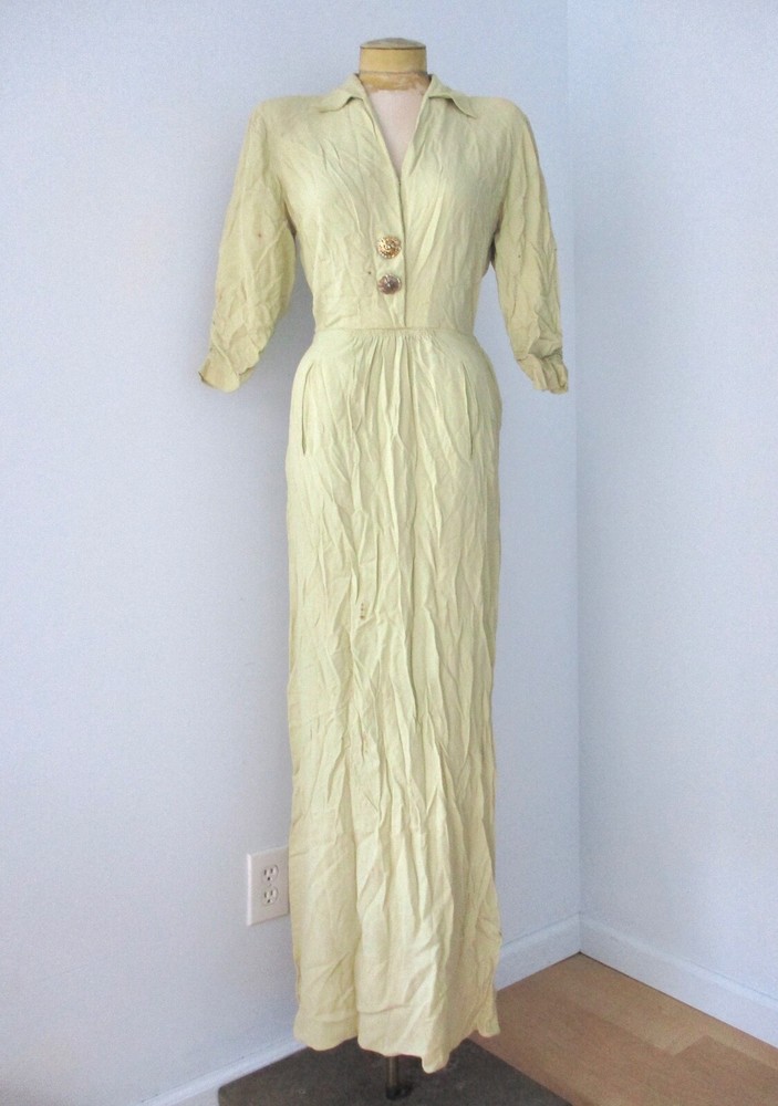 Vtg 30s 40s NY Institute green rayon crepe long dress left TALON zip pockets S