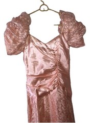 S Pink Sateen Lace Waterfall Dress Puffy Sleeve Ruched Drop Waist Asymmetrical