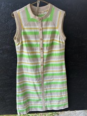 Vtg 1960s Mod Striped Dress By R&K Knits – Beidge,Yellow,Green Button Up Womens