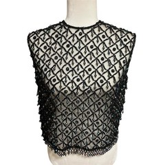 Vintage Handmade Beaded Mesh Iridescent Sleeveless Black Top