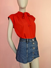 Vintage 80s Red Swiss Dot Bow Blouse Paris Chic Office Siren classic Top S M L