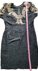 VTG Nite Line Silk Beaded Sequin Cocktail Dress Sz 16 Black Gold Sheer Sleeve