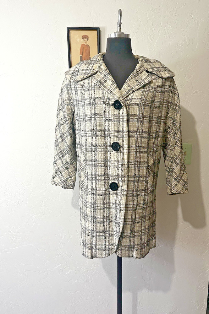Vintage 1950’s-60’s Black, Gray and White Plaid Coat Jacket, Lavender Lining