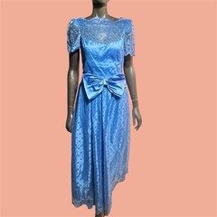 Vintage 70s 80s Maxi Dress Romantic Blue Satin Lace Cottagecore Puff Sleeve Gown