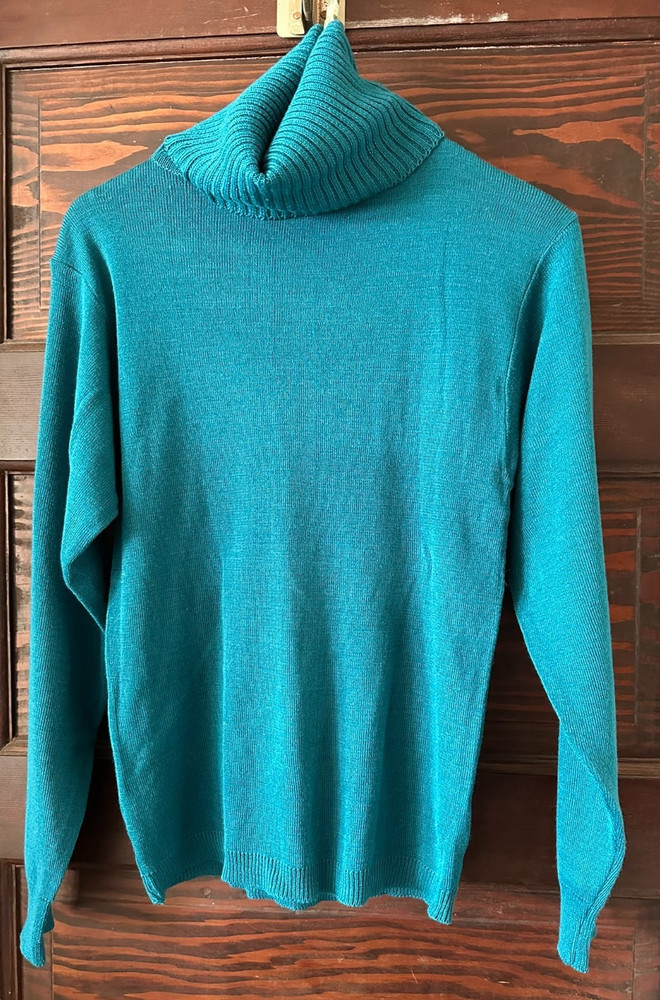 80’s PATTY WOODARD Turtle Cowel Neck Sweater Turquoise Blue Wool Blend Size M