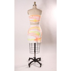 1980s White Pink Yellow Paint Splatter Tube Top Mini Skirt Two Piece Outfit
