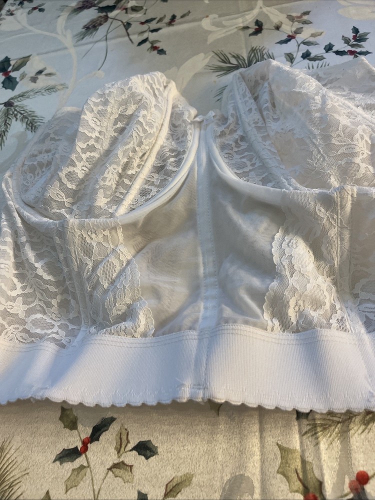 Vintage Goddess Longline Bra White Union Made In USA Lace Corsette Womens 42 F
