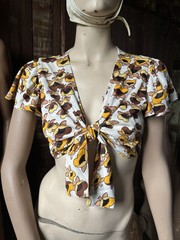 Vintage 70s Wrap Blouse Top Sunflower Hippie Tie Cap Sleeve Summer Poly