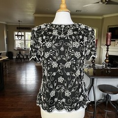 Vtg Laurence Kazar New York Evening Top Large Black Silver White Beaded Sequin