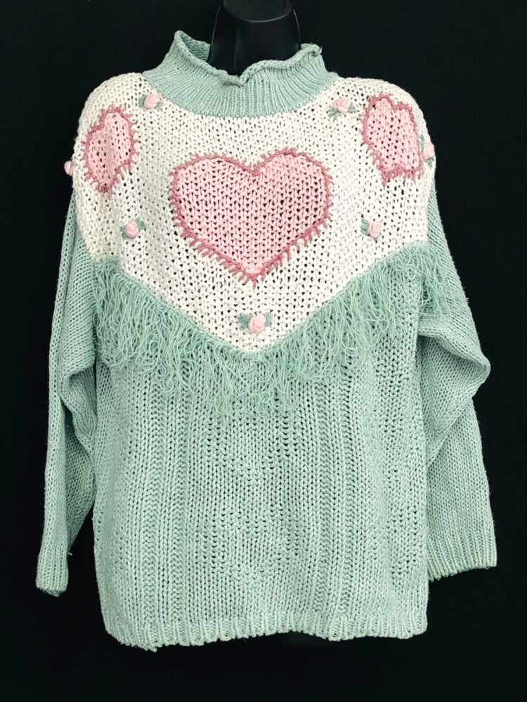 Vintage 1980s heart sweater, pink green white novelty print oversized fringe