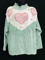Vintage 1980s heart sweater, pink green white novelty print oversized fringe