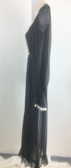 Vtg Saks Fifth Avenue Dress Black Pinstripe High Neck Bib Front LS Maxi XS-S