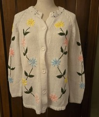 Grandma Core 60’s Acrylic Knit Cardigan Romantic Hand Embroidered Floral Spring