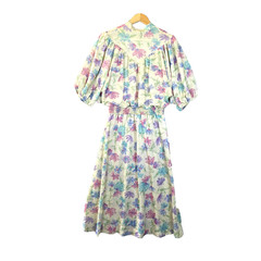 Vtg 70s Prairie Midi Dress M Purple Floral Gauze Knit Bib Dolman Balloon Sleeve