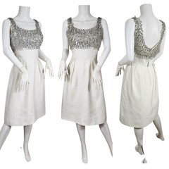 Mardi Gras 1960s White Rayon Faille Silver Bead Embellished Fit & Flare Dress
