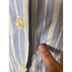 Vintage 1940s 1950s Blue White Striped Button Down Blouse 3/4 Sleeve Camp Collar