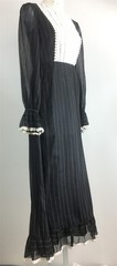 Vtg Saks Fifth Avenue Dress Black Pinstripe High Neck Bib Front LS Maxi XS-S