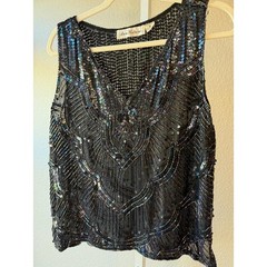 Ann Katrine Vintage Beaded Sequin Silk Tank Top Black Iridescent V-Neck Medium