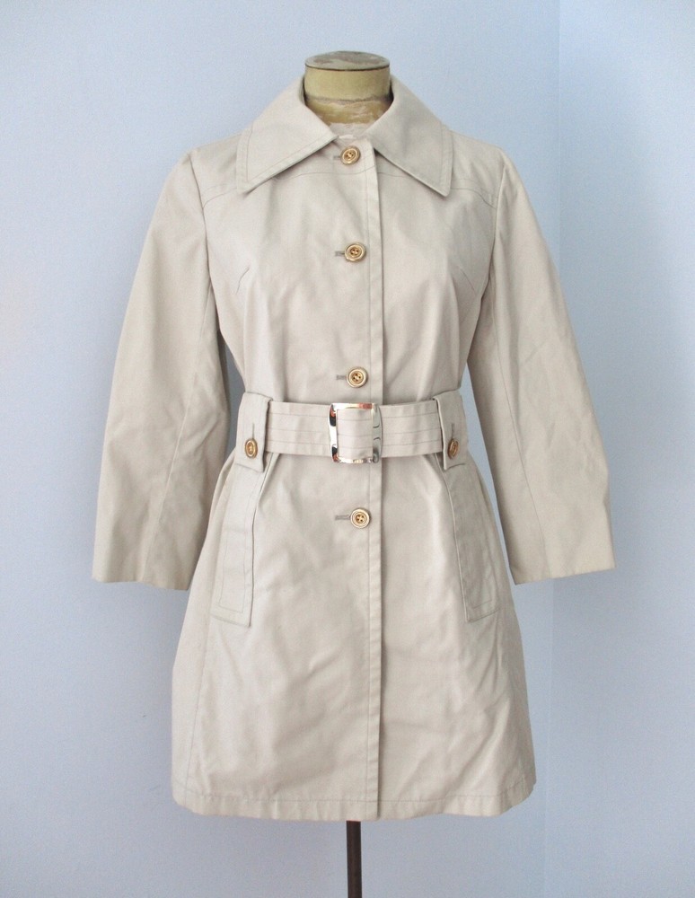 Vtg 60s Mod London Fog Canvas Raincoat Short Coat Wide Belt Loops Pockets 10