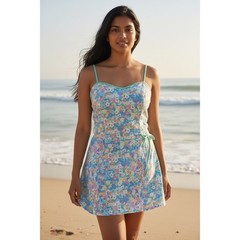 Vintage 70s 80s Sea Waves Floral Swim Dress One Piece Swimsuit Womens size 8
