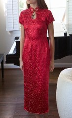 Vintage 60s 70s Cheongsam Peony Brand 36 (S) Dress Maxi Red Qipao Brocade