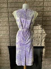 Vintage 1960s Sacony ivory dress with purple paisley mod summer polyester retro