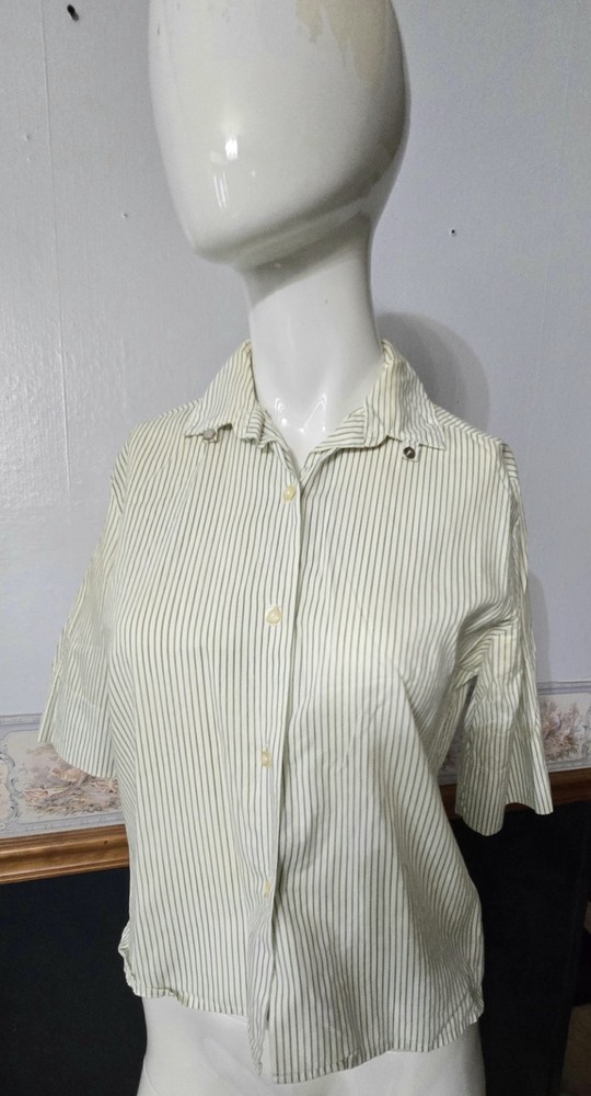 Vintage 1950s Smart Lady Striped Blouse – Green & White Pinstripe – Size 32 Bust