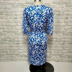 Vintage 80s California Look Blue Rose Belted Dress 8P USA Floral Retro Glam