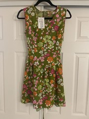 Vintage 60s 70s Mod Floral Dress Small Avocado Green Pink Sleeveless Retro