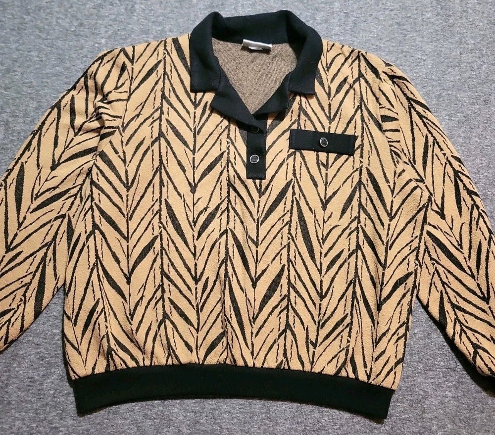 Vntg 80’s Alfred Dunner Sz LG Sweater Collared Button Lightweight Bamboo AOP USA