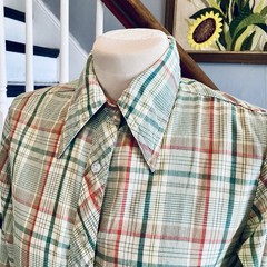 1970s Green Plaid Western Shirt Hippie Cowboy Cowgirl Country Disco Boho