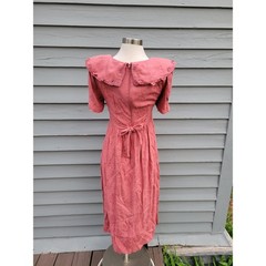 Vintage 90s Karin Stevens Dress Rose Pink Floral Damask Lace Collar Size 6