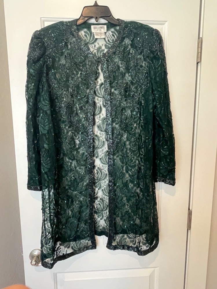 Vintage Brilliante by J.A. Emerald Green Beaded Lace Evening Jacket Sz 2X Formal