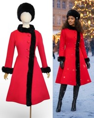 Vtg 1960s Princess Coat Red Wool Fox Fur Cuffs Collar Winter Pinup MEDIUM LARGE
