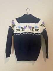 Vintage Navy Ivory Floral Embroidery Long Sleeve Color Block Sweater Size L