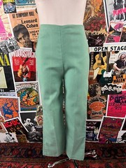 Vtg 70s Green Pastel Floral Lace V-Neck Puff Sleeve Top Pants Suit Set PXS Retro