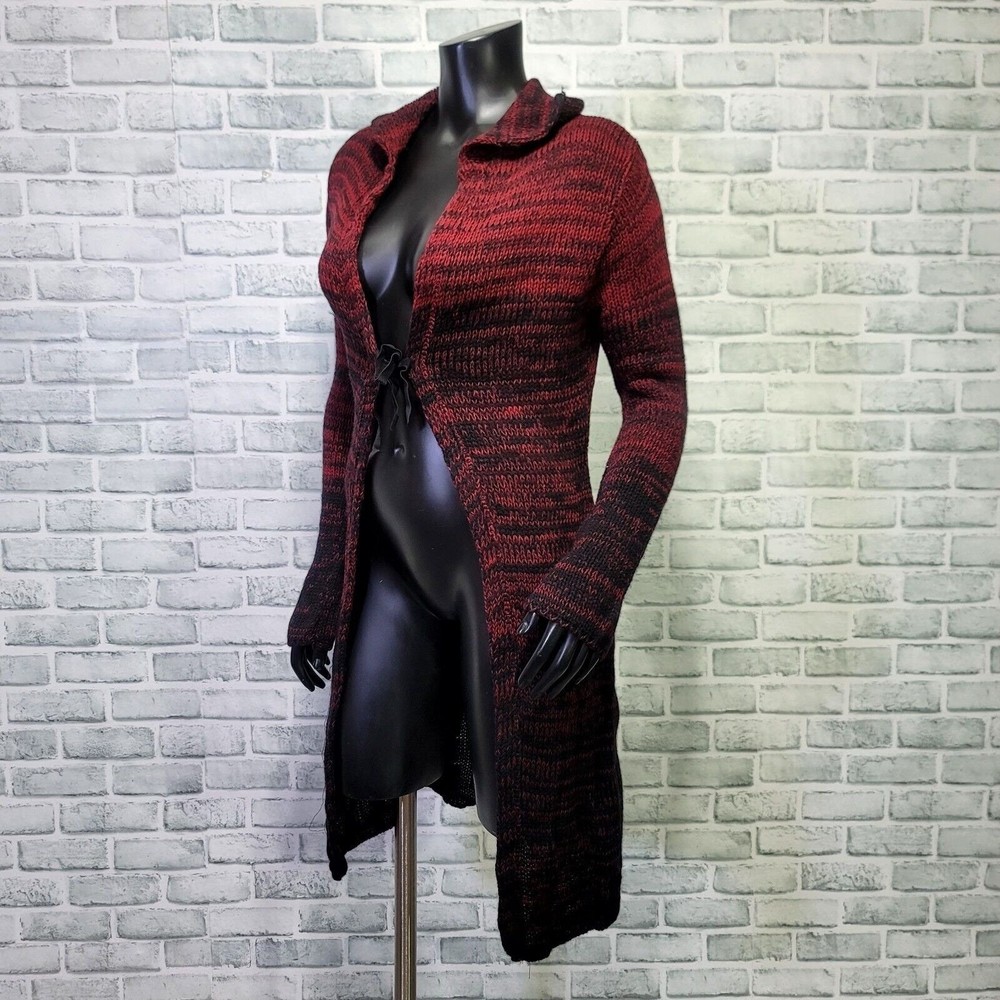 Vintage 90s TSP Womens S Red Black Ombre Open Knit Cardigan Duster Tie Front