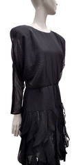 80s Batwing Sheer Chiffon Dress Black Flapper Scallop 80s Dolman Sleeves M/L